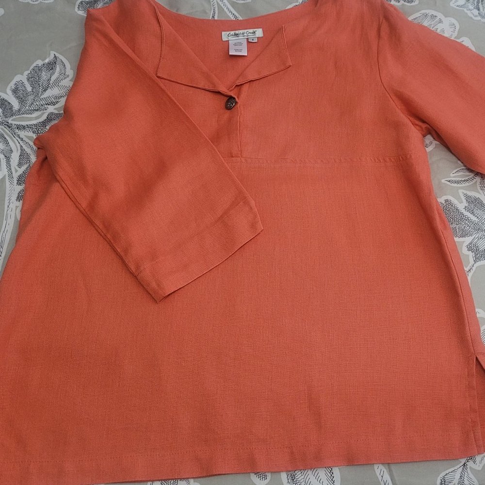 Coldwater Creek Orange Linen 3/4 Sleeve Pull Over Blouse Size Small EUC